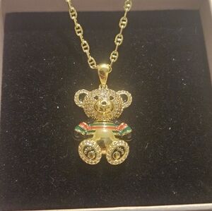 Gold Plated Micropave Teddy Bear Pendant Necklace